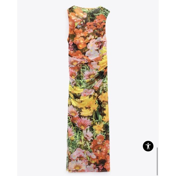 ZARA WOMENS LONG DRAPED FLORAL PRINTED TULLE DRESS SLIT sz M (B26) - Picture 8 of 16